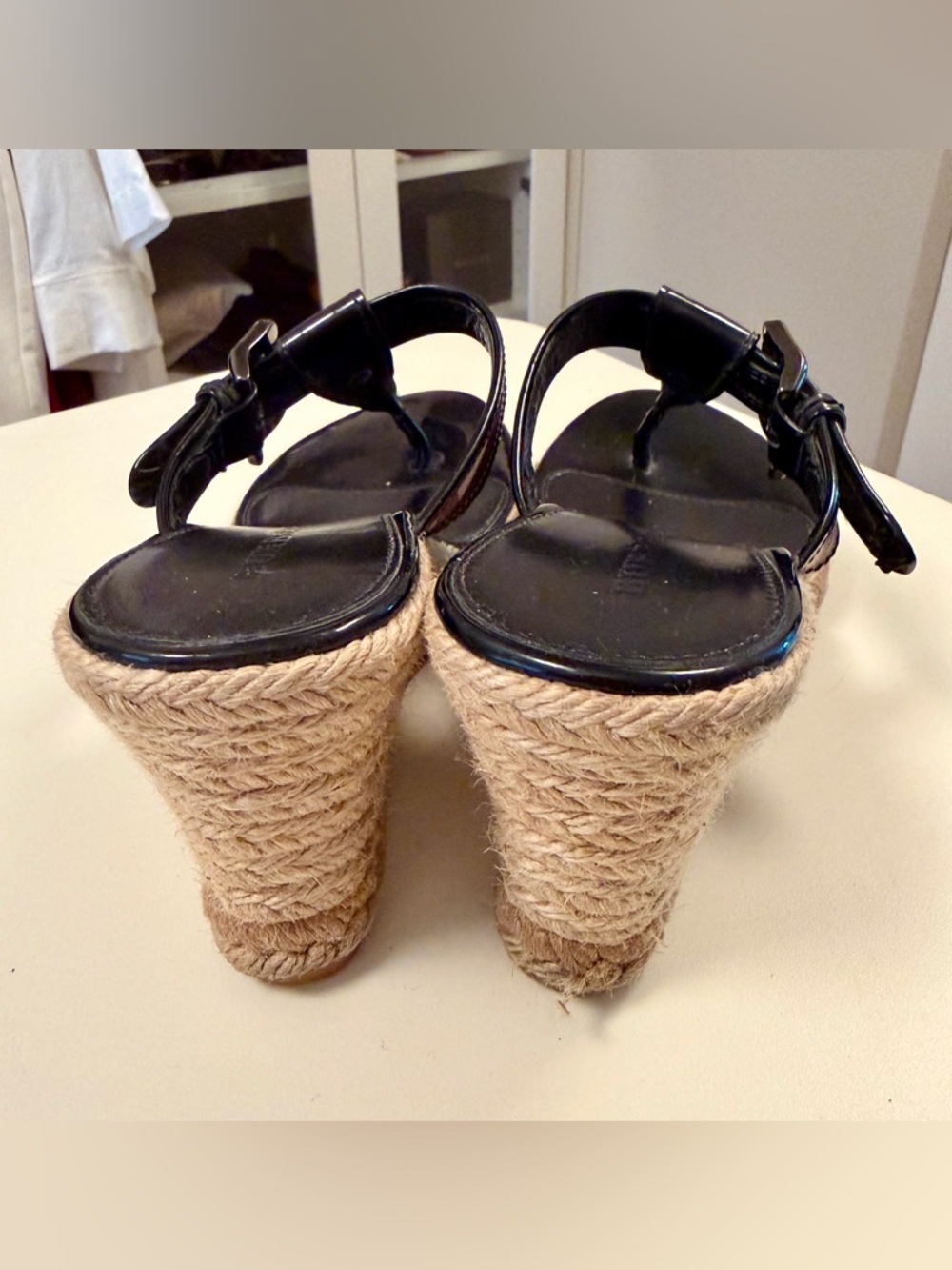 Burberry Wedge Sandals |Black Patent Leather Nova Check Strap Espadrille Size 8 - Picture 4 of 10